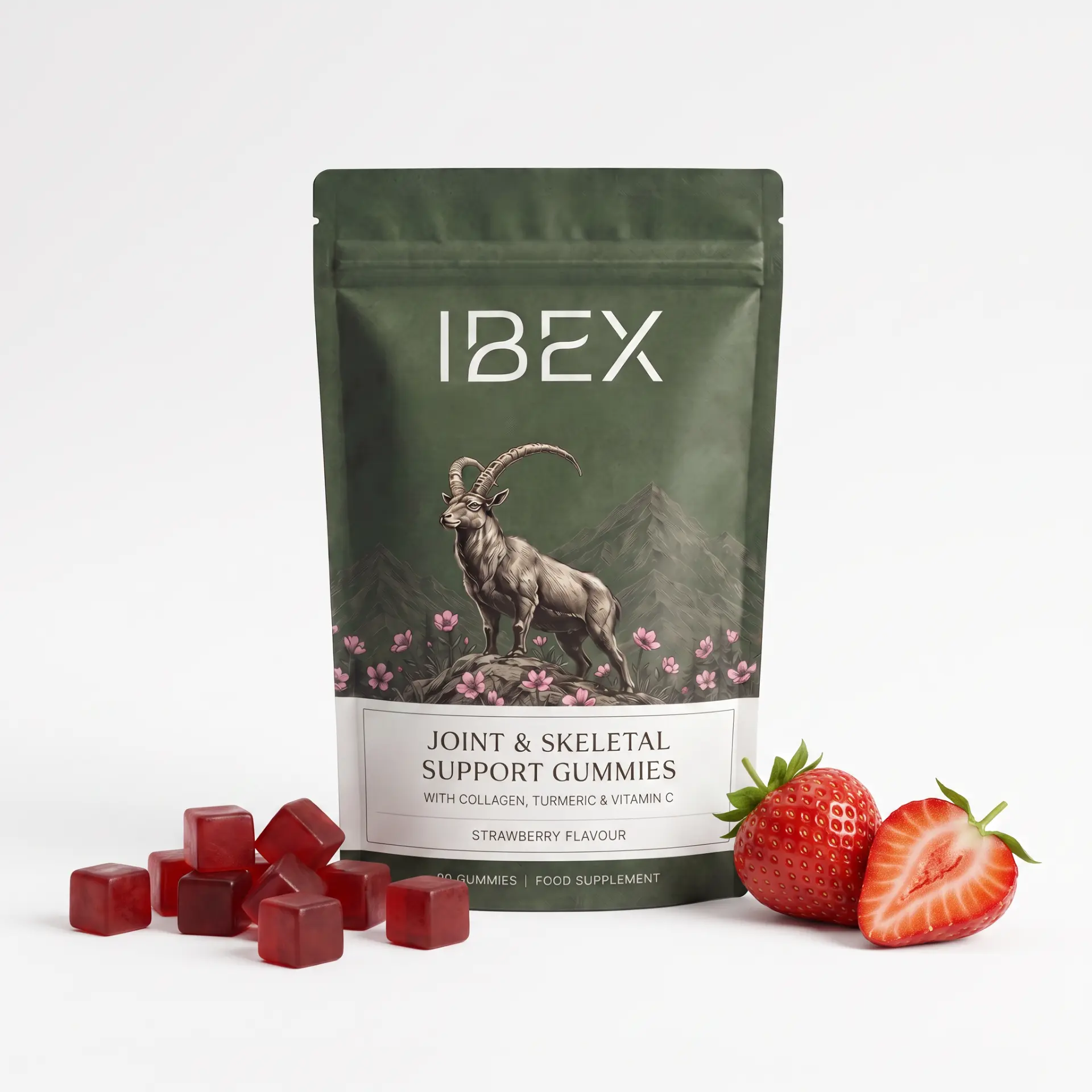 IBEX Joint & Skeletal Support Gummies pouch with strawberry gummies and fresh strawberries