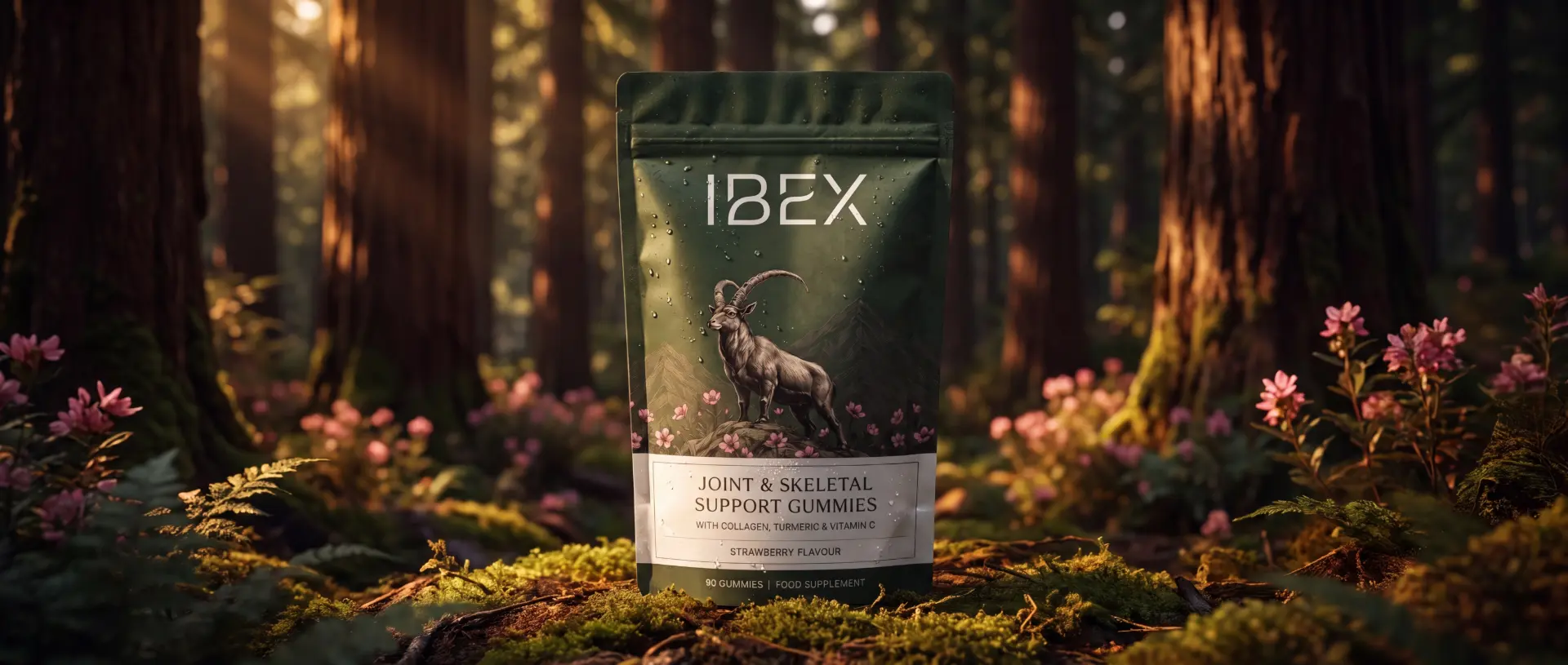 IBEX Joint & Skeletal Health Gummies pouch standing on forest moss among pink alpine flowers